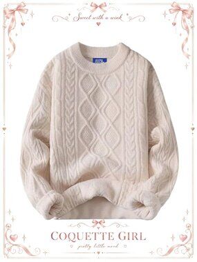 Cable Knit Oversized Sweater Crewneck Pullover Vintage Long Sleeve